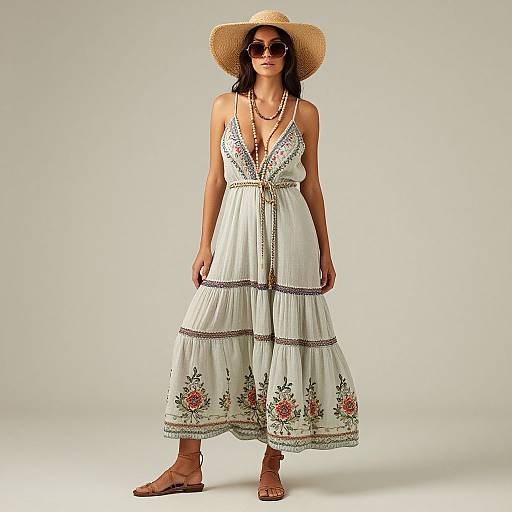 Photograph of a woman in a white, floral-embroidered, sleeveless maxi dress, straw hat, sunglasses, layered necklaces, and