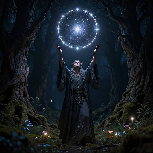 Photograph-like digital art: Bearded man in ornate robe stands in dark forest, hands raised, creating glowing, celestial ring above head, surrounded
