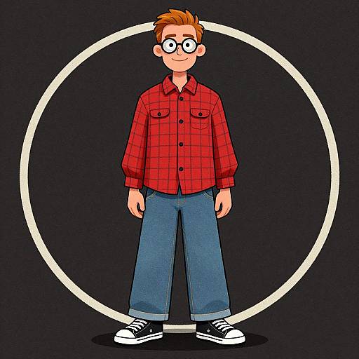 Cartoon-style digital drawing of a young man with orange hair, glasses, red plaid shirt, blue jeans, and black sneakers, standing against a