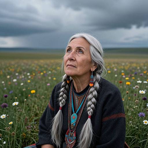 Photograph of an elderly Indigenous woman with long silver braids, wearing traditional black attire and colorful beadwork, sitting in a vibrant wildflower meadow