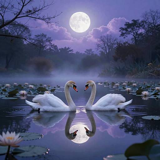 Photograph of two white swans with red beaks, mirrored in a moonlit, misty pond, surrounded by lotus flowers under a full