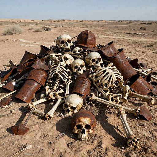 Photograph of a pile of skeletal remains and rusty metal armor in a barren, desert landscape under a clear blue sky.