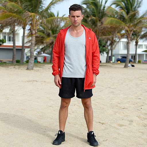 Photograph of a muscular, Caucasian man with short brown hair, wearing a red jacket, white tank top, black shorts, and black sneakers, standing