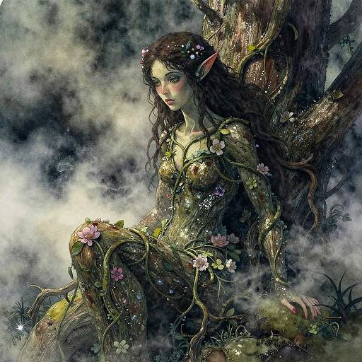 Digital fantasy artwork of a fair-skinned, dark-haired elf woman with pointed ears, seated in a misty forest, adorned in vines and flowers,