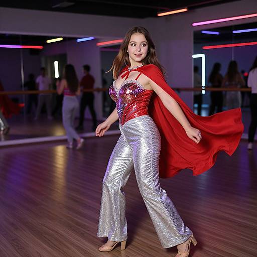 Photograph of a young woman in a red sequin top, silver shimmer pants, and red cape, dancing in a dimly lit studio with neon