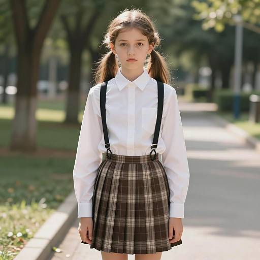 Schoolgirl in Plaid Skirt and Suspenders Outdoors