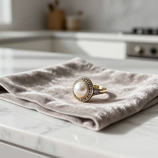 Photograph of a vintage pearl ring with intricate detailing, resting on a soft, gray cloth on a sunlit kitchen counter.