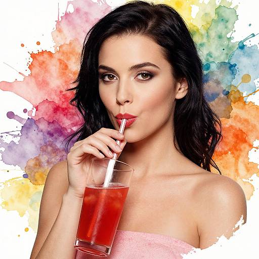Photograph of a fair-skinned woman with black hair, red lipstick, sipping a red drink through a straw, against a colorful watercolor background