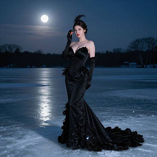 Gloved, dark-haired woman in black, feathered, strapless gown stands on frozen lake under full moon, night sky, silhouet
