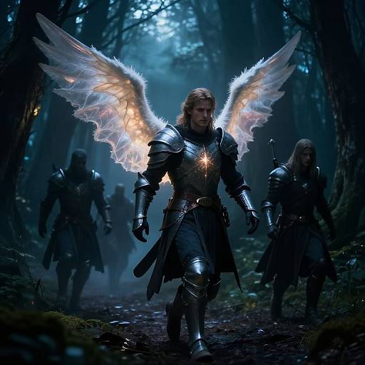 Photorealistic CGI of a blond, armored warrior with glowing white angel wings, leading two shadowy figures through a dark, misty forest.