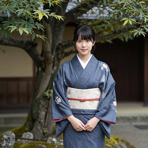 Japanese Woman in Kimono by Tree