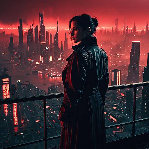Futuristic Woman Overlooking Neon Cityscape
