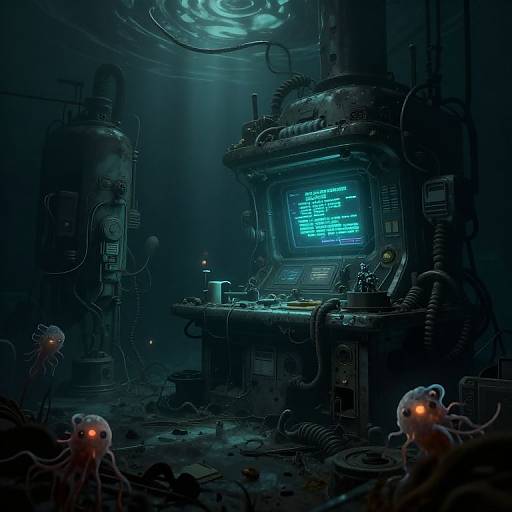 Digital artwork: Dark, underwater sci-fi lab with glowing blue screen, floating tentacled creatures, and intricate machinery, illuminated by eerie blue light.