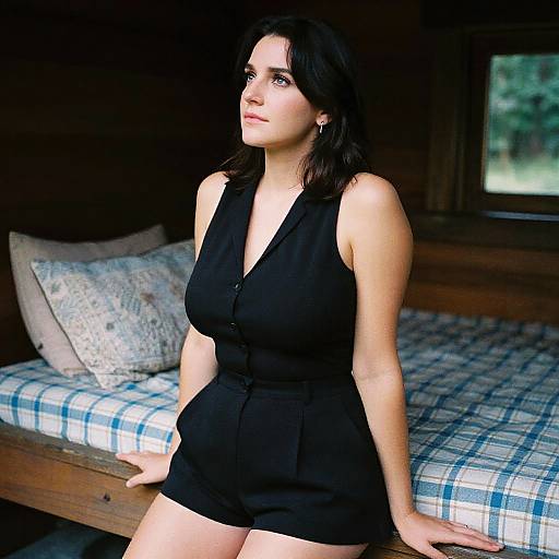 Photograph of a fair-skinned woman with dark hair, wearing a black sleeveless button-up romper, sitting on the edge of a blue and