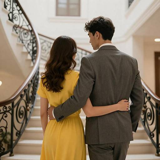 Couple Embracing on Elegant Staircase