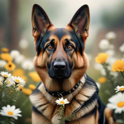 Realistic German Shepherd Among Flowers