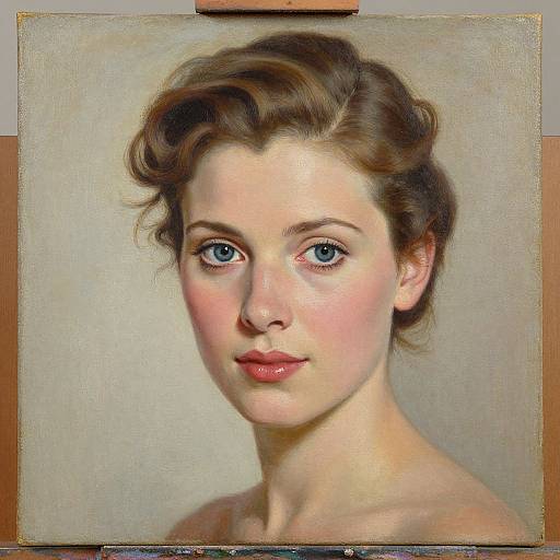 Digital painting of a young woman with fair skin, blue eyes, and wavy brown hair, wearing a strapless top, against a neutral background.