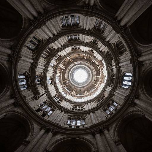 Photograph of a grand, circular, Gothic-style dome ceiling with intricate stone arches, columns, and ornate windows, centered around a bright,