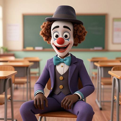 3D CGI clown in a purple suit, blue bow tie, and black hat, sitting in a classroom with desks and a green chalkboard.