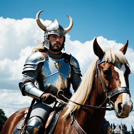 Medieval Knight in Horned Helmet on Horseback
