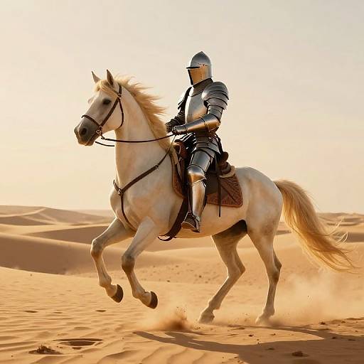 Knight in silver armor riding a white horse through golden desert sand dunes, sunlight casting dramatic shadows, dynamic motion, photograph.