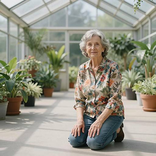Photograph of an elderly woman with short gray hair, wearing a floral blouse and blue jeans, kneeling in a sunlit greenhouse filled with various potted