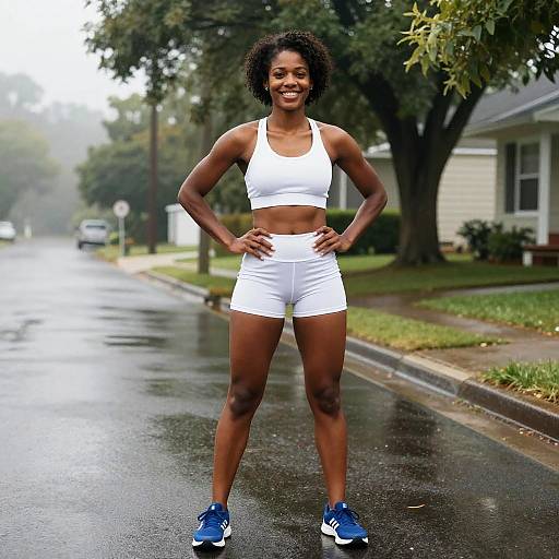 Photograph of a smiling, athletic, dark-skinned woman in white sports bra and shorts, blue sneakers, standing confidently on a wet, foggy