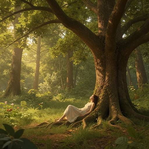 Photograph of a woman in a white dress, sitting against a large tree in a sunlit forest, surrounded by lush greenery.