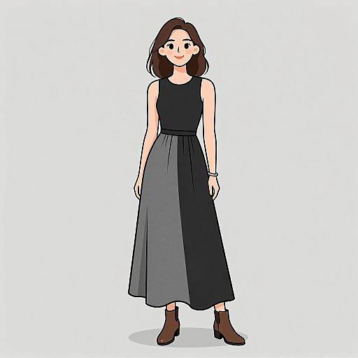 Digital illustration of a smiling woman with shoulder-length brown hair, wearing a sleeveless black top and long gray skirt, paired with brown ankle boots, standing