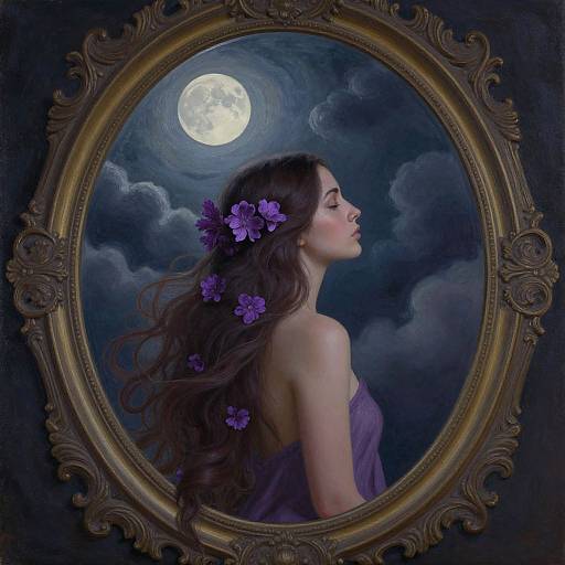 Digital painting of a woman with long, wavy brown hair adorned with purple flowers, wearing a purple strapless dress, gazing at a full moon
