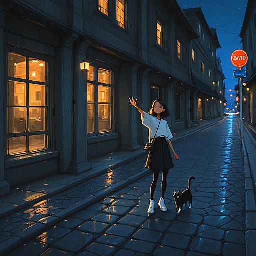 Evening Street Scene with Girl and Cat