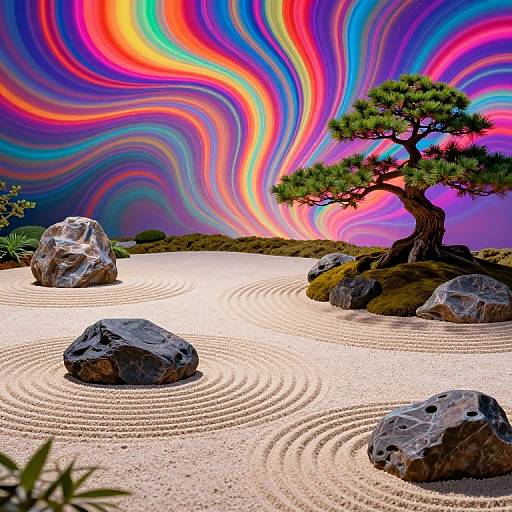 Photograph of a serene Japanese garden with raked sand, rocks, and a bonsai tree, set against a vivid, swirling rainbow sky.