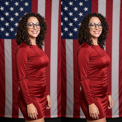 Smiling Woman in Red Dress & Flag