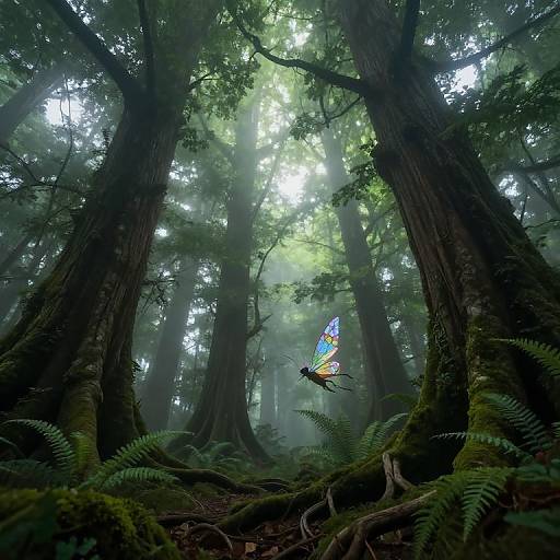 Photograph of a mystical forest with towering trees, lush green ferns, and a vibrant, multi-colored butterfly fluttering amidst soft, dappled