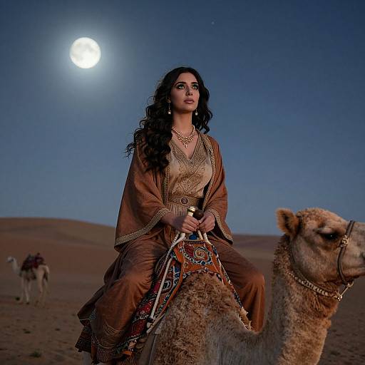 Photograph of a dark-haired woman in traditional brown attire riding a camel under a bright full moon in a desert. Another camel is in the background.