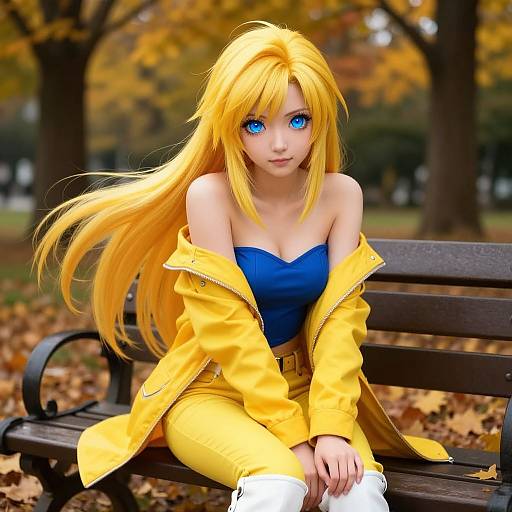 Digital anime-style illustration of a blonde girl with blue eyes, wearing a yellow jacket, blue top, and yellow pants, sitting on a park bench amidst