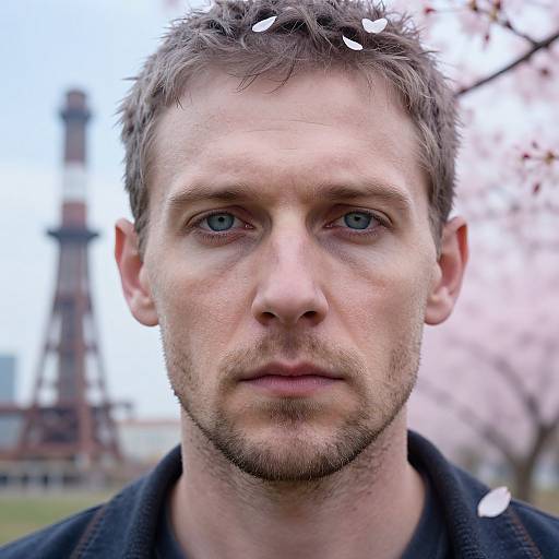Close-up photograph of a serious, blue-eyed, bearded Caucasian man with short, messy brown hair, wearing a black coat, with the Eiff