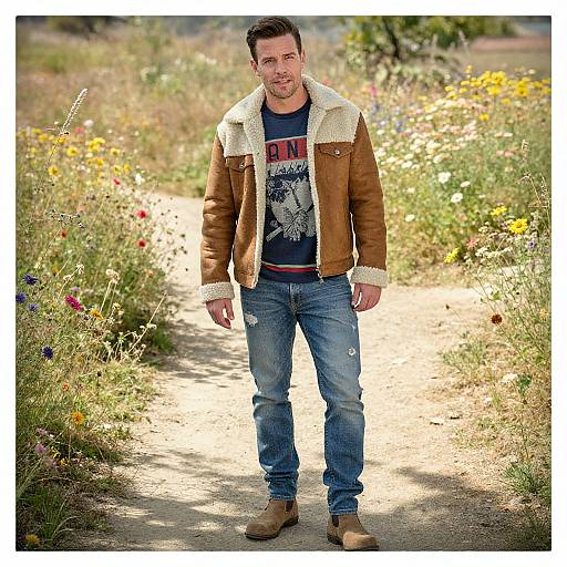 Photograph of a bearded man with short brown hair, wearing a brown leather jacket with sheepskin collar, blue jeans, and brown boots, standing