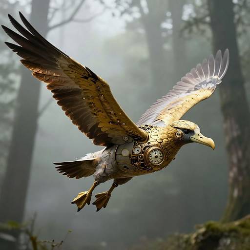 Digital artwork of a golden-brown, mechanical eagle with clockwork wings soaring through a misty, forested background. Light filters through tall trees,