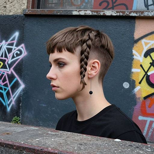 Photograph of a pale-skinned, androgynous person with short, brown, braided undercut hair, black earrings, black top, standing