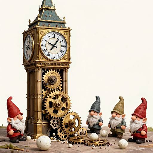 Photograph of four gnome figurines with red hats and white beards, surrounding a tall, ornate clock tower with exposed gears.