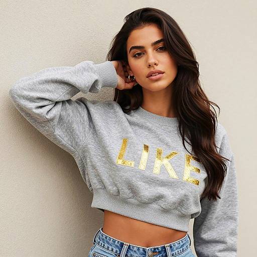 Young Woman Wearing Gray Cropped Sweatshirt
