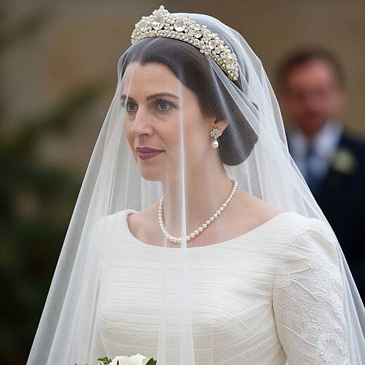 Photograph of a bride with fair skin, dark hair, wearing a white lace dress, pearl necklace, tiara, and veil, smiling slightly,