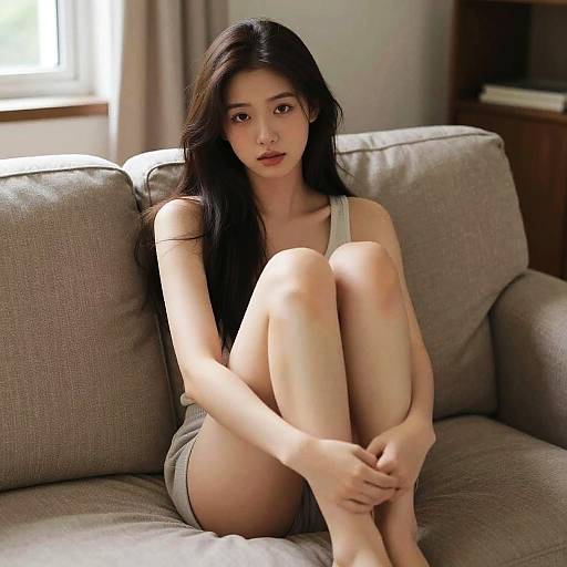 Photograph of an Asian woman with long black hair, pale skin, and brown eyes, sitting on a gray couch, knees up, arms around legs