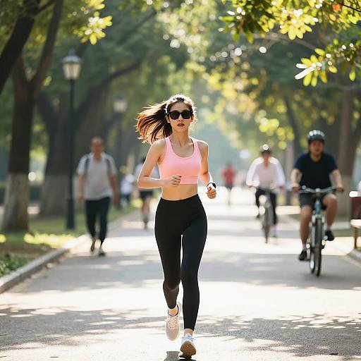 Energetic Woman Running in Sunlit Park