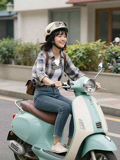 Joyful Woman Riding Vintage Turquoise Scooter