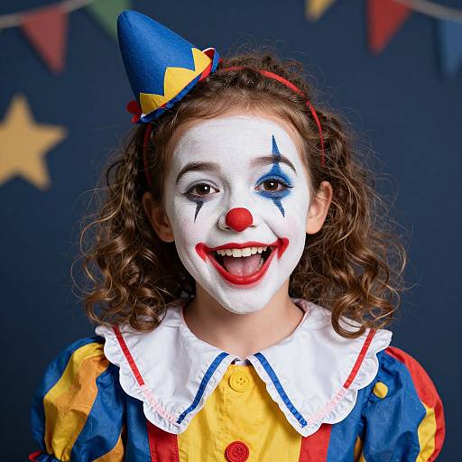 Photograph of a young girl with curly brown hair, white face paint, red nose, blue and yellow clown costume, smiling brightly. Background: dark