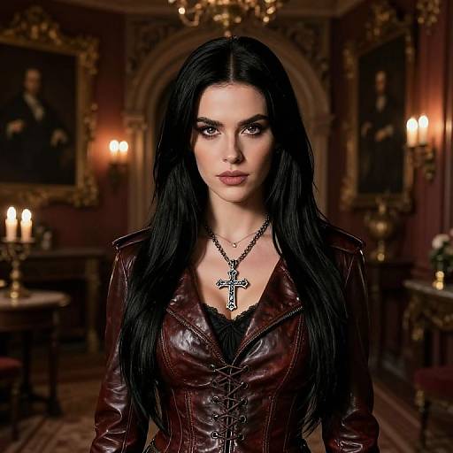 Photorealistic digital portrait of a pale-skinned woman with long black hair, wearing a dark red leather jacket and a cross necklace, standing in an