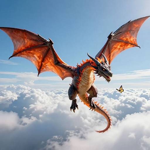 Digital artwork of a fierce, red-scaled dragon with large wings soaring through a bright blue sky with fluffy white clouds. A small yellow butterfly flies beside