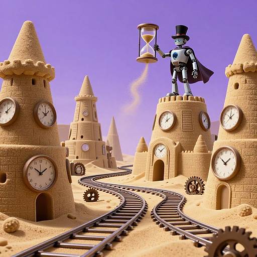 Digital art of a steampunk clock robot in a top hat and cape, holding an hourglass, standing on a clock tower, surrounded by sand